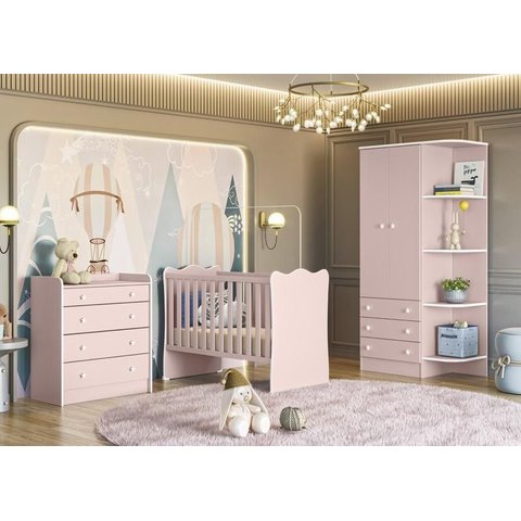 Quarto Infantil Lua Encantada Guarda Roupa , Berço e Cômoda Trocador Rosa