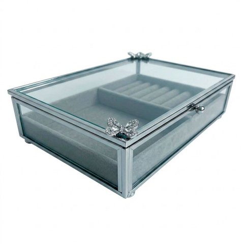 Porta Joia Decorativo em Metal Prateado com Cristal 5x20x14cm para Organização e Decoração