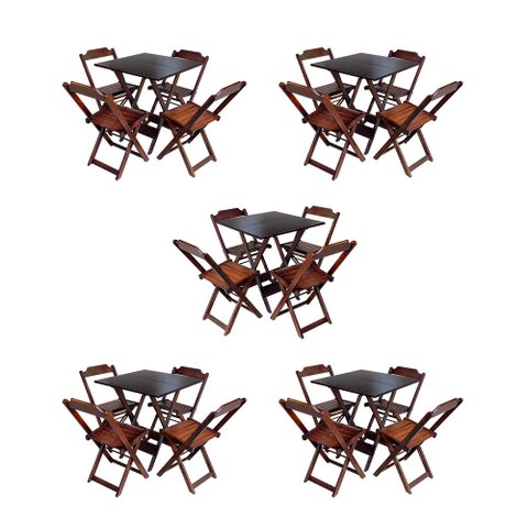 Kit 5 Conjuntos de Mesa Dobravel com 4 Cadeiras de Madeira 70x70 para Restaurante e Bar - Imbuia