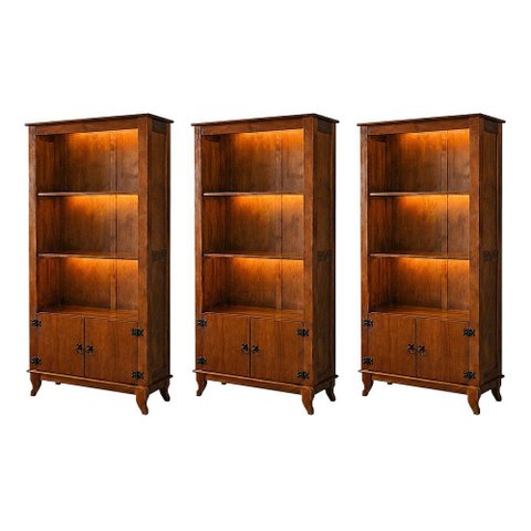 Kit 3 Organizador Multiuso Madeira Maciça c/ LED Livreiro 2 Portas Escritório Rubi Imperial Castanho