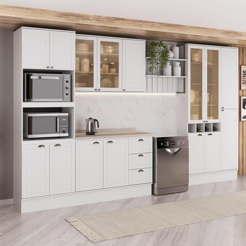 Cozinha Completa com Balcão Milla Lily 15 Portas 3 Gavetas MDF 380cm Branco