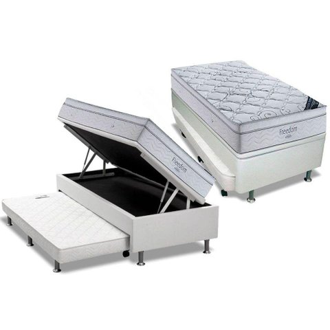 Cama Box Baú c/Auxiliar Solteiro: Colchão Molas Ortobom SuperPocket Freedom Visco + Base CRC