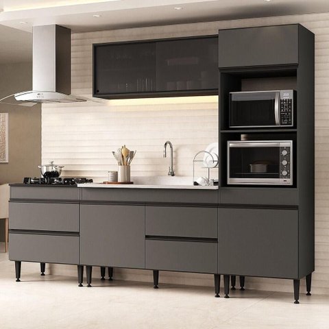 Armário Cozinha Modulada Completa com Pia Inclusa 251,5cm Milano Multimóveis MCR2472 Grafite/Creme