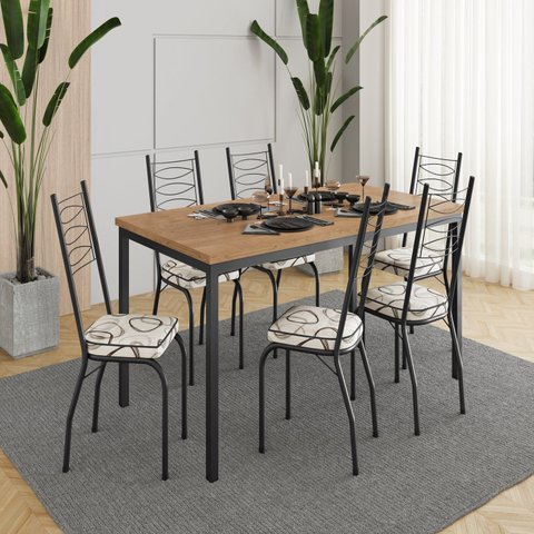 Conjunto Sala de Jantar Mesa Retangular Tampo BP com 6 Cadeiras Adriana Preto/Madeira Cedro/Demolição
