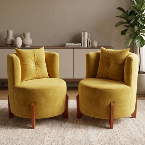 Kit 2 Poltronas Orgânica Curva Luna Veludo Amarelo - Montanaris Decor