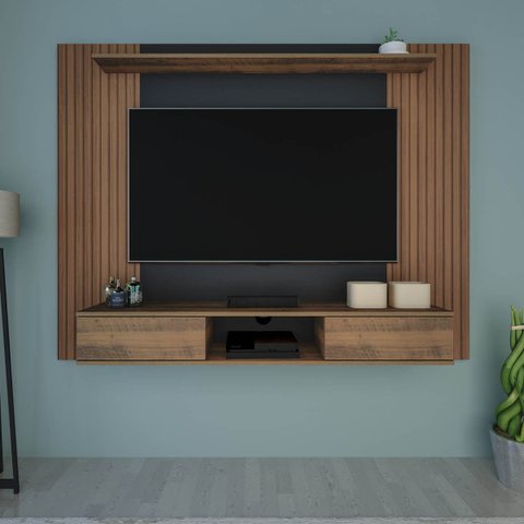 Painel Nevada Pinho Ripado c/ Preto para TVs de Até 75 Polegadas 2 Portas Deslizantes Prateleiras e 