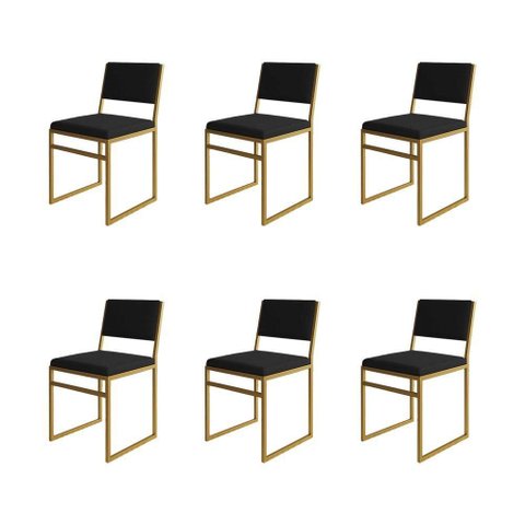 Kit 6 Cadeiras Industrial Isa Veludo Preto Base Dourado para Mesa Sala Cozinha - Dourado-Preto