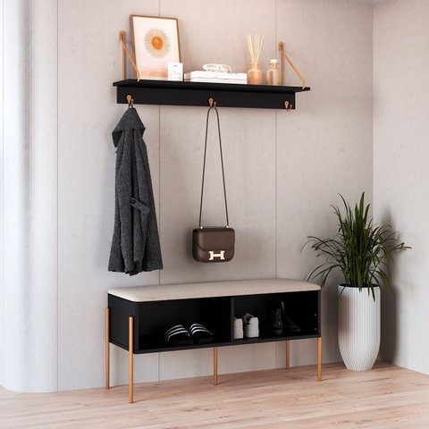 Conjunto Sapateira Banco Estofada e Prateleira Nero/dourado