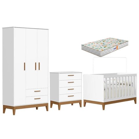 Quarto de Bebê Flip com Cômoda Gaveteiro Branco Acetinado com Colchão Gazin - Reller
