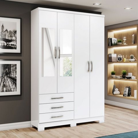 Guarda-roupa Solteiro Caju 4 Portas e 3 Gavetas com Espelho Branco - Henn