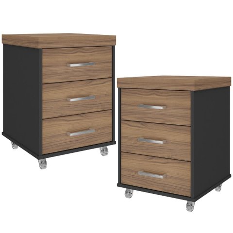 Kit 2 Gaveteiros para Escritório com Rodízios 3 Gavetas Atria Executiva A02 Nogal Preto - Lyam Decor