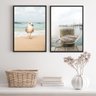 Kit 2 Quadros Praia Branco e Bege- Gaivota Cais 33x24cm - com Vidro:madeira Preta - 2