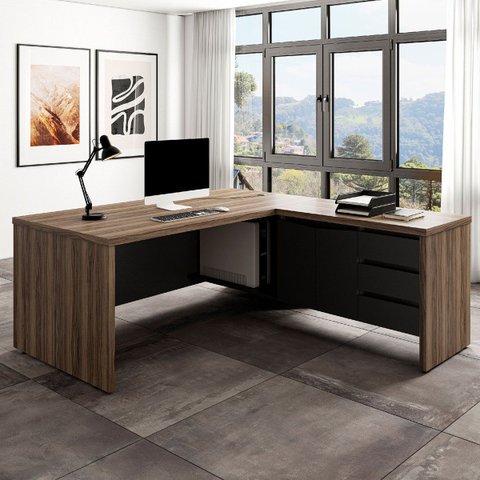Mesa para Escritório 2 Portas 3 Gavetas Diretor em L Nogal/preto
