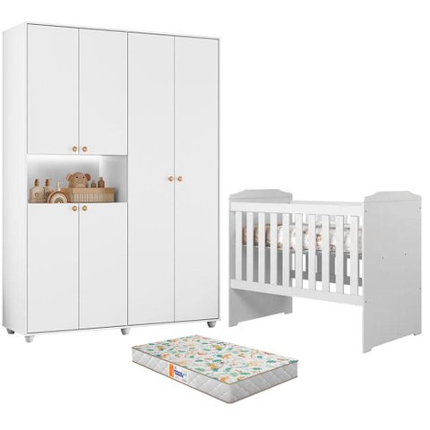 Berço Americano Carinho com Colchão e Guarda Roupa Infantil Vittoria 6 Portas Branco - Móveis Albatr
