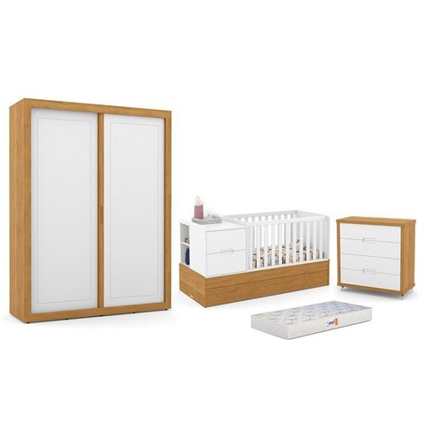Dormitório Completo Infantil Tutto New 2 Portas de Correr, Cômoda 4 Gavetas, Berço Formare e Colchão