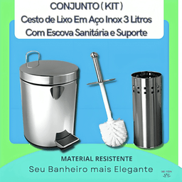 Conjunto Cesto Lixo 3 Litros Escova Sanitaria Base Aço Inox Tampa com Pedal Lixeira Banheiro Escova - 2