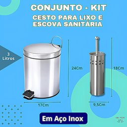 Conjunto Cesto Lixo 3 Litros Escova Sanitaria Base Aço Inox Tampa com Pedal Lixeira Banheiro Escova - 3