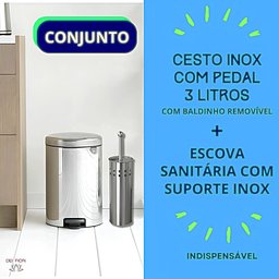 Conjunto Cesto Lixo 3 Litros Escova Sanitaria Base Aço Inox Tampa com Pedal Lixeira Banheiro Escova - 6