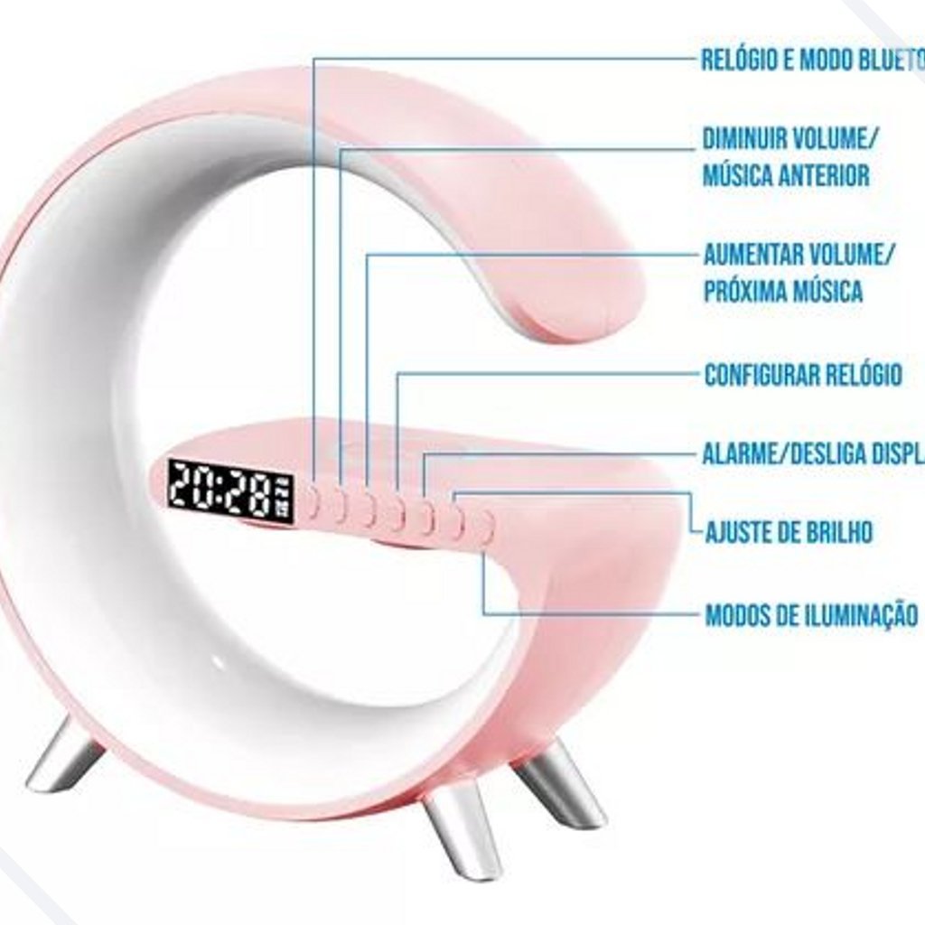 luminária LED mesa Bluetooth Música Áudio carregador sem fio e Relógio Genérica Rosa - 4