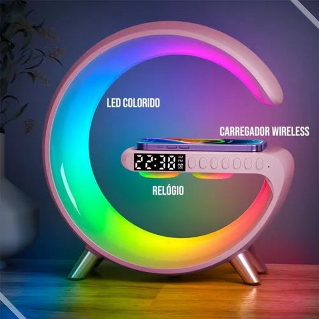 luminária LED mesa Bluetooth Música Áudio carregador sem fio e Relógio Genérica Rosa - 2