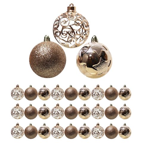 Kit 27 Bolas de Natal Champanhe Luxo 6cm Mistas com Glitter, Estrela, Arabesco e Vazado