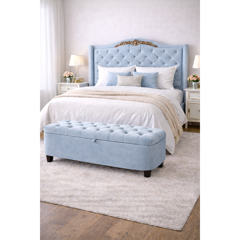 Kit De Quarto Lisboa Cabeceira De Cama Box e Calçadeira Baú Queen 160 cm Suede Azul Bebe Eli Móveis 