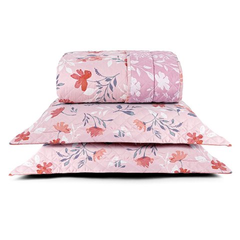 Kit Cobre Leito Colcha Belle Casal Padrão Estampado Dupla Face 400 Fios 3 Peças Floral Rosê