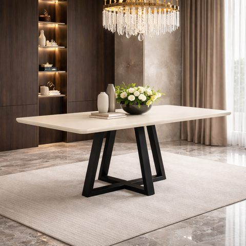 Mesa de Jantar Luxo 160x90 Tampo Mdf/vidro para 6 Lugares Pés Madeira Maciça Pérola - Preto/off Whit