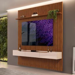 Rack Com Painel Ripado Para TV Até 75 Polegadas 223cm x 240cm Freijó Off White Pratic DJ Móveis - 1