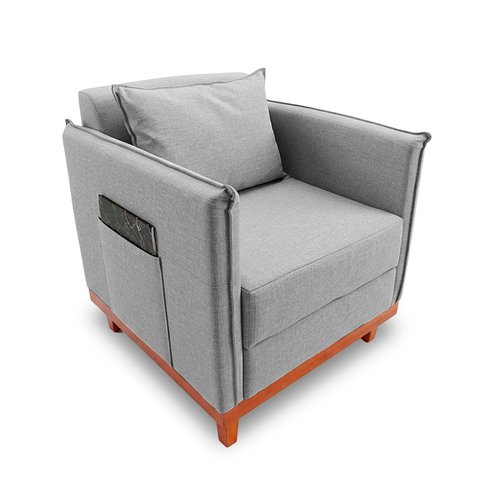 Poltrona Base de Madeira com Porta-revistas para Sala Confortável Linho Maya