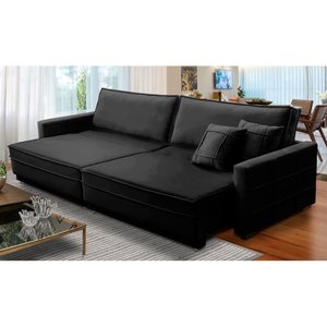 Sofá Cama Retrátil e Reclinável 2,30m com Molas Karina Veludo Preto Rover & Beato
