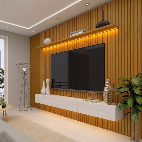 Rack com Painel para TV até 90 Polegadas Ripado com LED 3 Gavetas 100% MDF 250CMX328CM Marrom
