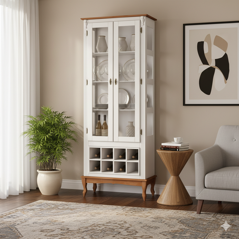 Adega e Cristaleira Colonial com 2 Portas de Vidro e Pés Luiz Xv - Branco Tampo e Base Imbuia Glazer