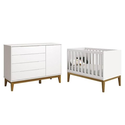 Berço Americano e Cômoda com Porta Classic Elfe Branco Acetinado com Pés Madeira - Reller