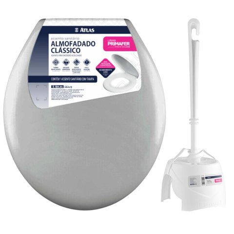 Assento Tampa Vaso Sanitário Oval Almofadado + Escova Sanitária Base Redonda Limpeza Vaso Banheiro