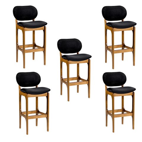Kit 5 Banquetas Alta Madeira Maciça Soshoku Veludo Preto/imbuia - Gran Belo