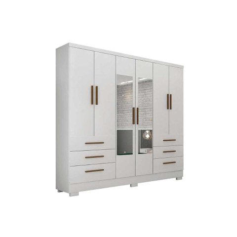 Guarda Roupa Solteiro 6 Portas e 6 Gavetas C/espelho e Pés Encant Branco - Novo Horizonte