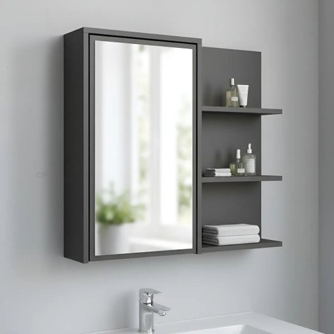 Armário Espelheira Banheiro Suspenso 70cm 1 Porta 5 Prateleiras Paula Grafite - Faema Móveis