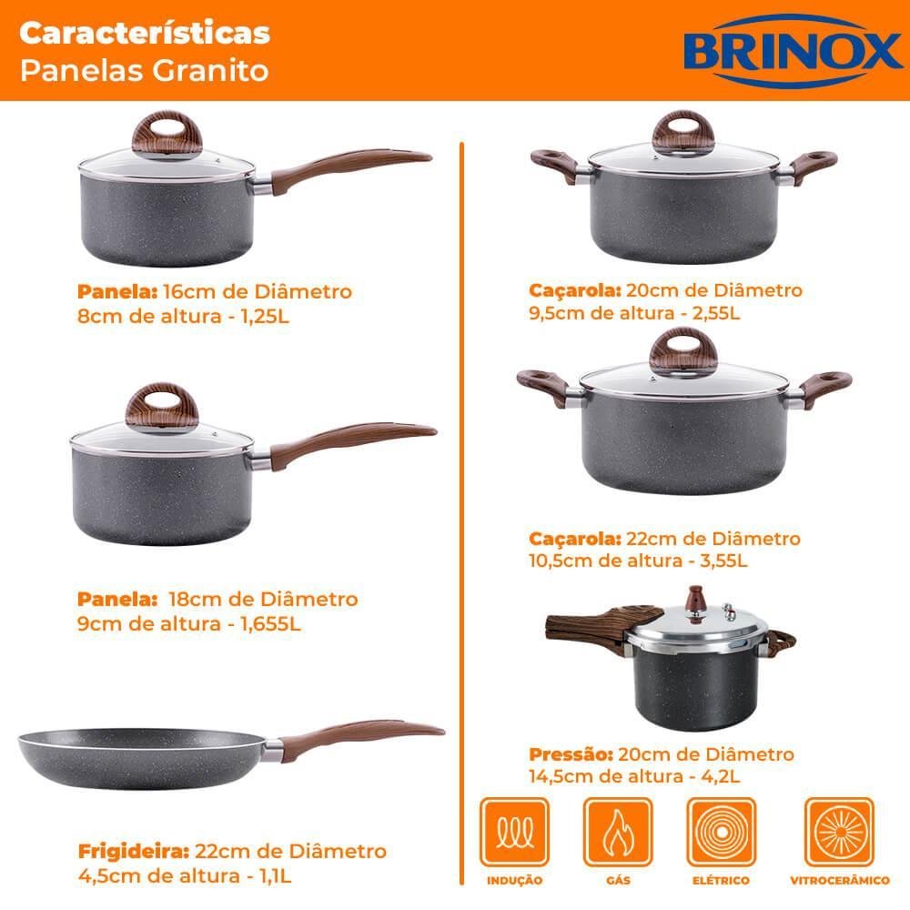 Conjunto de Panelas de Indução com Panela de Pressão Ceramic Life Granito 6 Peças - Brinox - 6