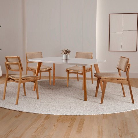 Sala de Jantar Mesa Malta 120cm Tampo Laqueado com Vidro Canto Moeda e 4 Cadeiras Eva