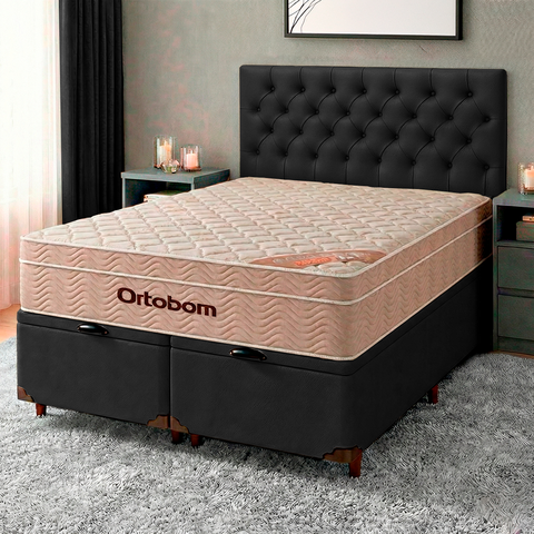 Cama + Bau Blindado e Colchão Ortobom Molas Ensacadas Queen - Airtech + Cabeceira