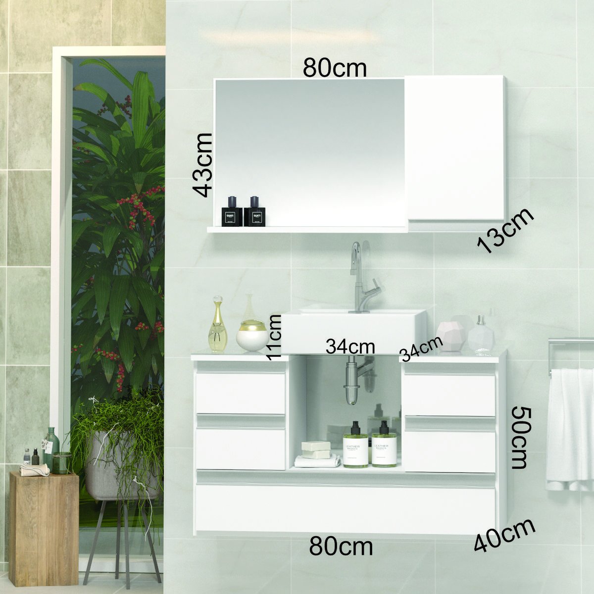 Conjunto Gabinete Banheiro POLO 80cm Branco - Gabinete + Cuba + Espelheira + Tampo Vidro - 2