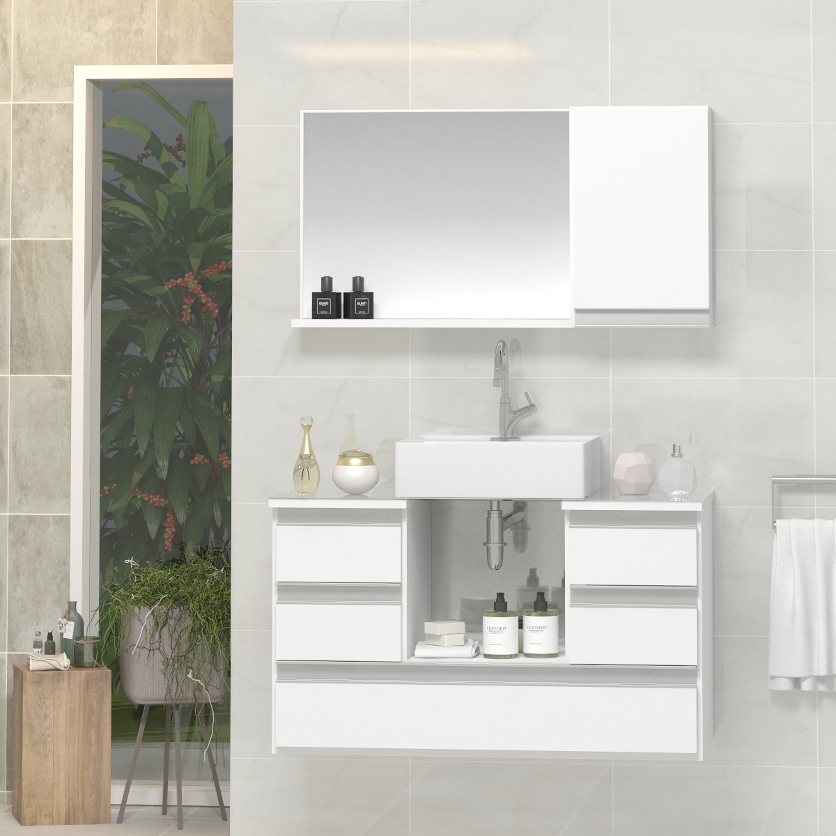 Conjunto Gabinete Banheiro POLO 80cm Branco - Gabinete + Cuba + Espelheira + Tampo Vidro - 1