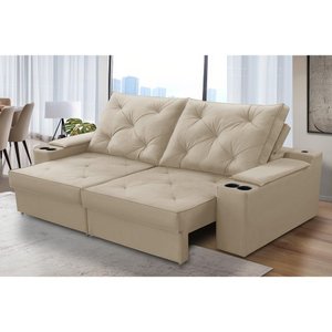 Sofá Retrátil Reclinável 3 Lugares 2,00m com Porta Copos e Usb Helena Suede Bege Adonai Estofados