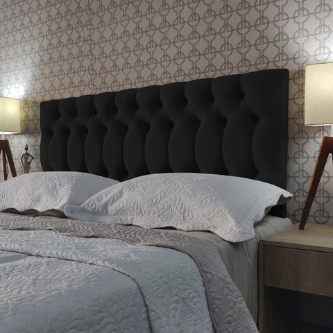 Cabeceira Cama Box Queen Capitone 1896 Suede Liso Preto 160x60 RBL
