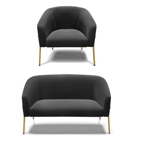 Sofá Namoradeira e Poltrona Pé de Ferro Dourado Stella Suede Preto D03 - D'Rossi
