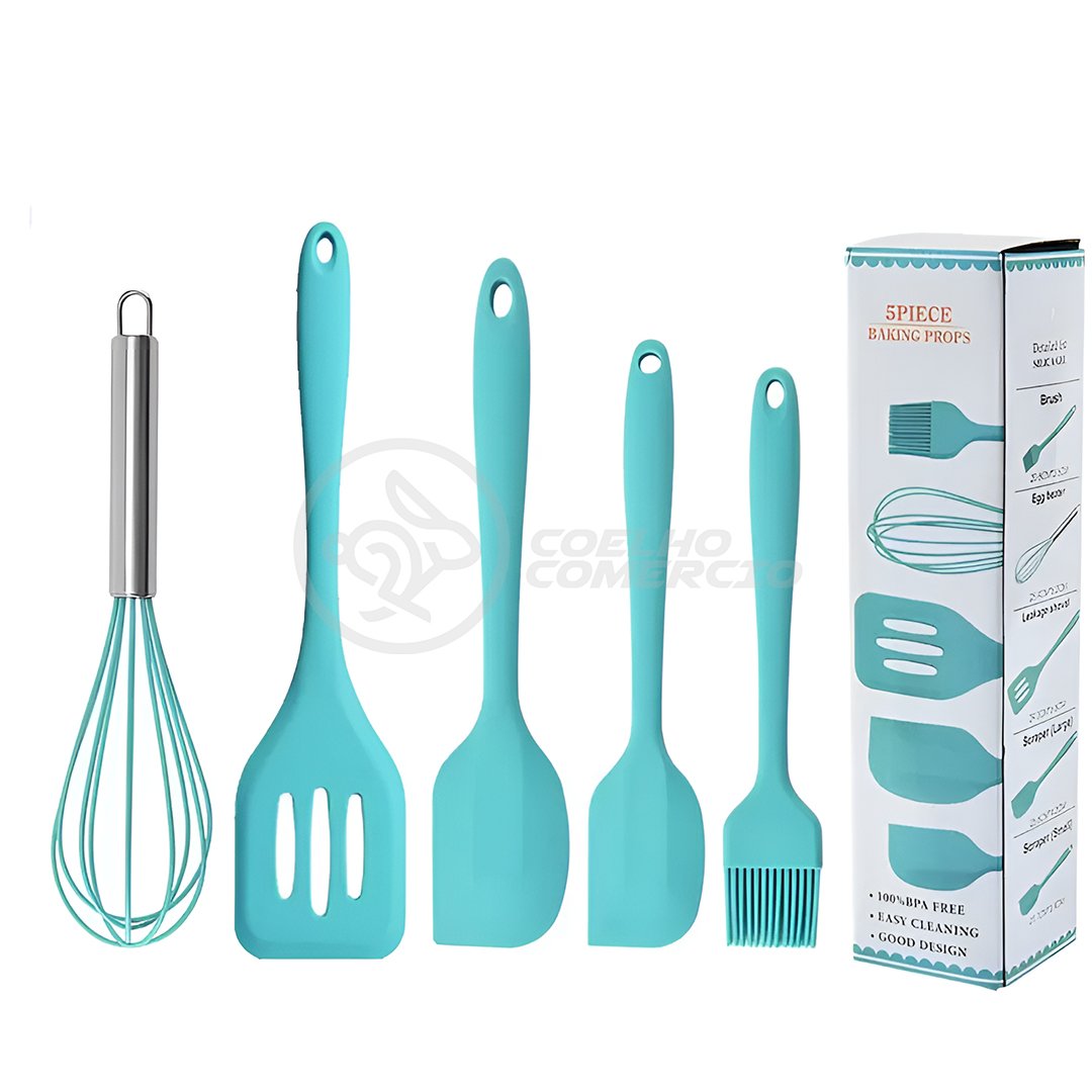 Kit 5 Utensílios de Cozinha Resistentes Conjunto Completo Peças de Silicone:azul/único/unissex