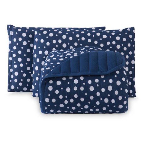 Kit Cobre Leito Poá Casal 100% Algodão Colcha 3 Peças Estampa Bolinhas Azul Marinho