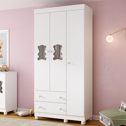 Guarda-roupa Infantil 92cm com Vidro 3 Portas e 2 Gavetas Fofura Multimóveis Mp4482 Branco