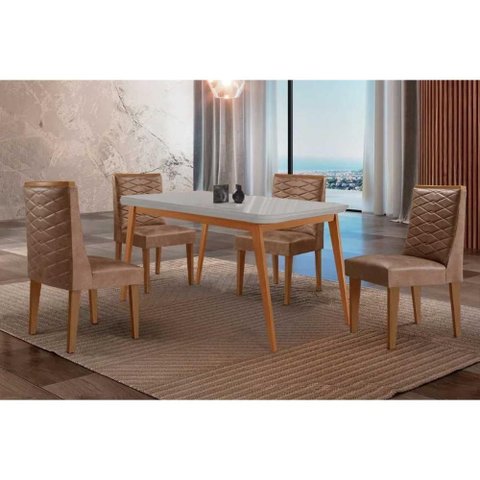 Conjunto: Mesa Sala Jantar Havana Tampo c/ Vidro Curvo 120cm+4 Cadeiras Dafne Madeira Naturale/Off